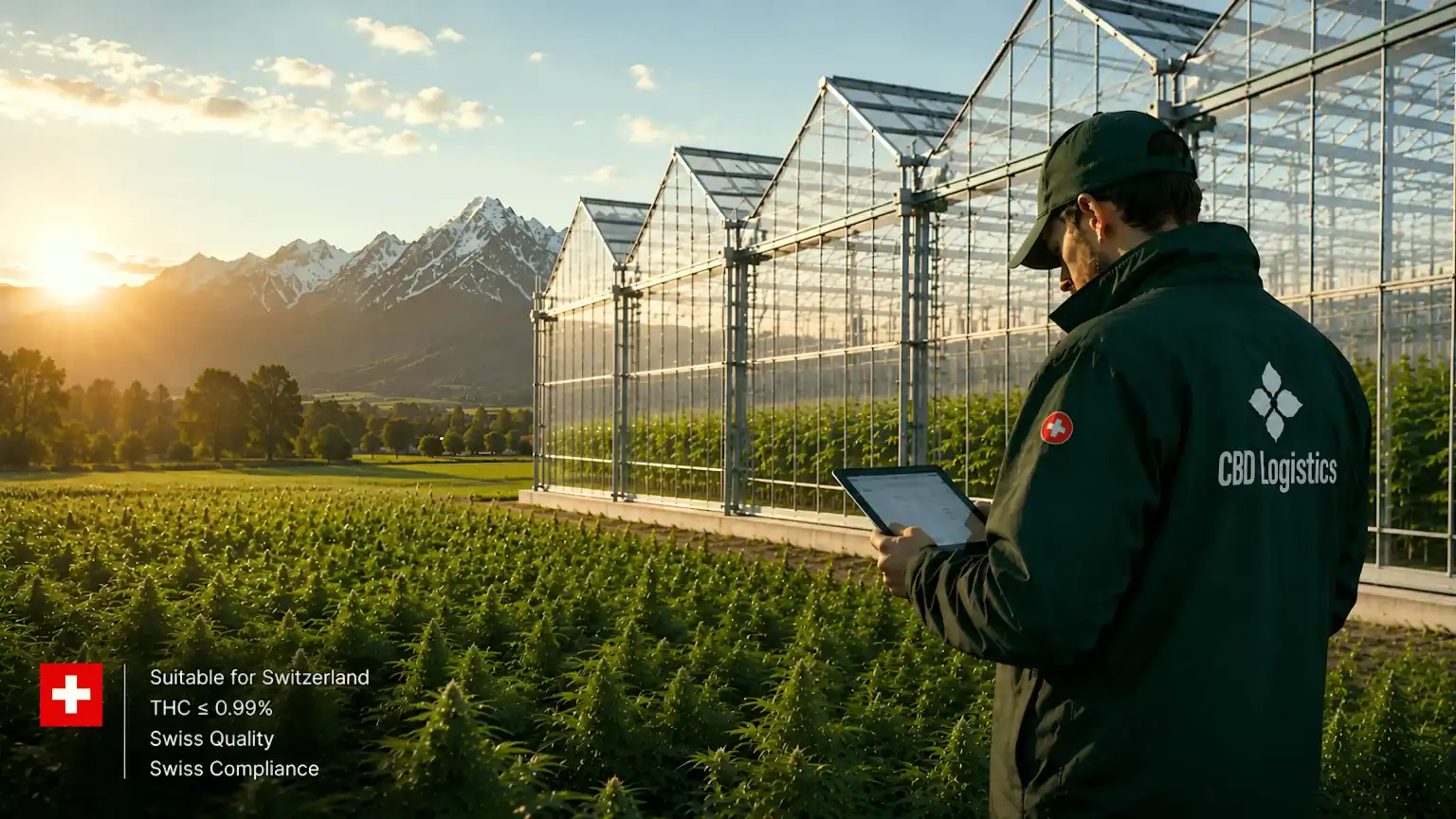 Operatore di produzione controlla un tablet davanti a serre di coltivazione di canapa industriale con furgoni per la distribuzione di prodotti CBD conformi alle normative dell'Unione Europea.